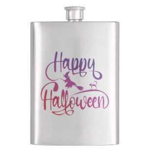 Happy Halloween gradient flying witch cat Flask