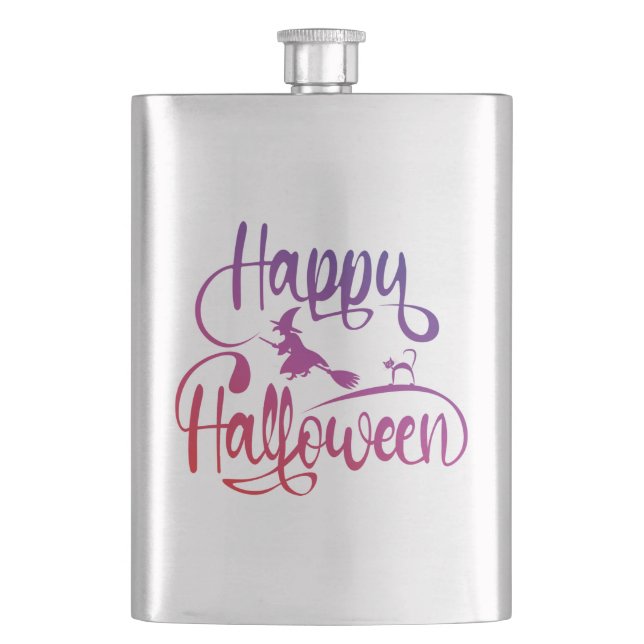 Happy Halloween gradient flying witch cat  Flask (Front)