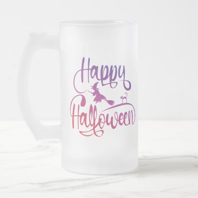 Happy Halloween gradient flying witch cat Frosted Glass Beer Mug (Left)