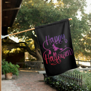 Happy Halloween gradient flying witch cat House Flag