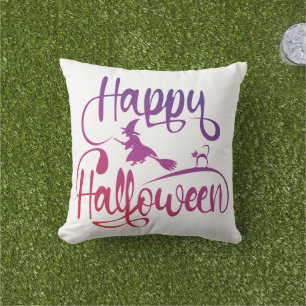 Happy Halloween gradient flying witch cat  Outdoor Pillow