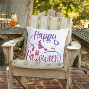 Happy Halloween gradient flying witch cat Outdoor Pillow