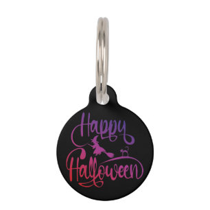 Happy Halloween gradient flying witch cat Pet ID Tag