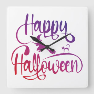 Happy Halloween gradient flying witch cat Square Wall Clock