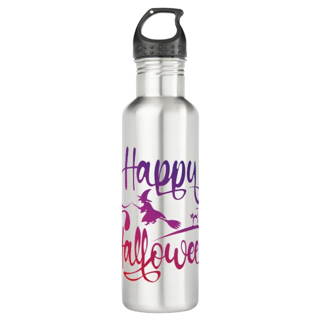 Happy Halloween gradient flying witch cat  Stainless Steel Water Bottle (Front)