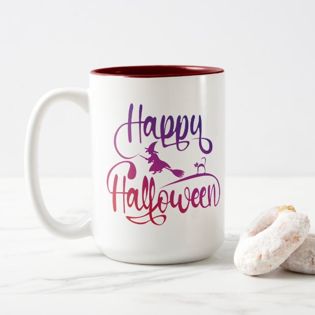 Happy Halloween gradient flying witch cat   Two-Tone Coffee Mug (With Donut)