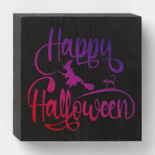 Happy Halloween gradient flying witch cat Wooden Box Sign
