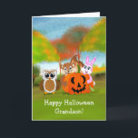 Happy Halloween Grandson Chipmunk, Rabbit & Owl Card<br><div class="desc">This sweet halloween card features a Chipmuck,  Rabbit and a Owl with a Grasshopper working together to carve a Jack O'Lantern for Halloween,  a perfect card for a Grandson.</div>