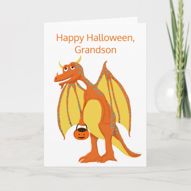 Happy Halloween, Grandson, Friendly Orange Dragon Card (Front)