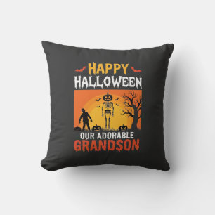 Happy Halloween Grandson Skeleton Pumpkin Throw Pillow