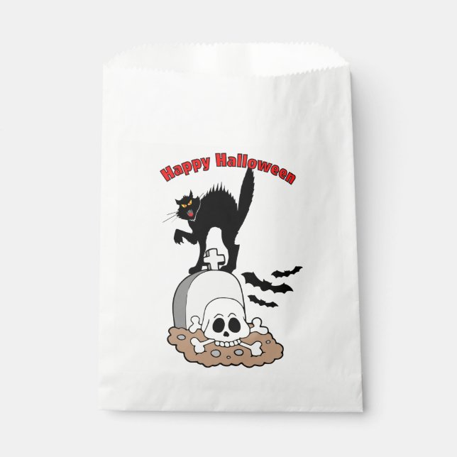 Happy Halloween Gravestone Black Cat and Skull  Favor Bag (Front)