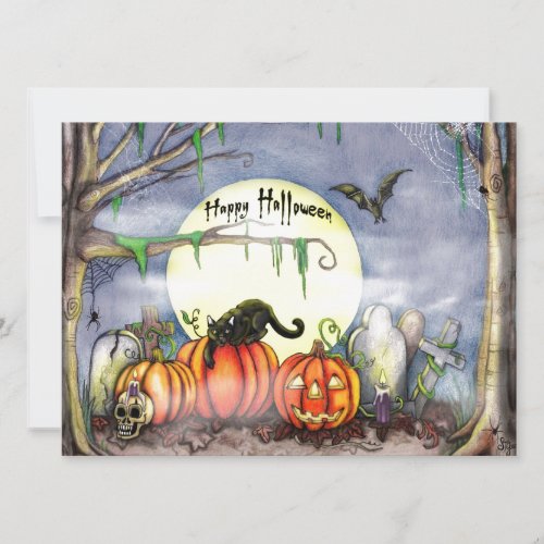 Happy Halloween Graveyard Scene Card