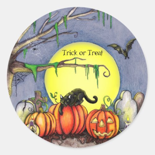 Happy Halloween Graveyard Scene Classic Round Sticker