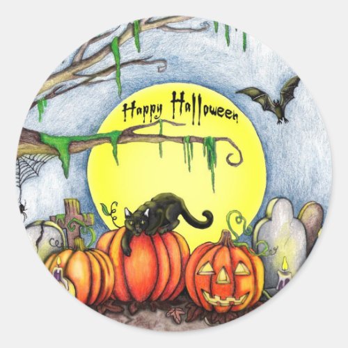 Happy Halloween Graveyard Scene Classic Round Sticker