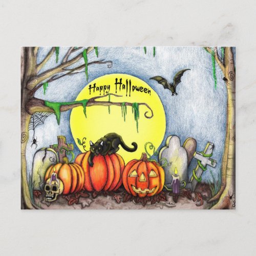 Happy Halloween Graveyard Scene Postcard