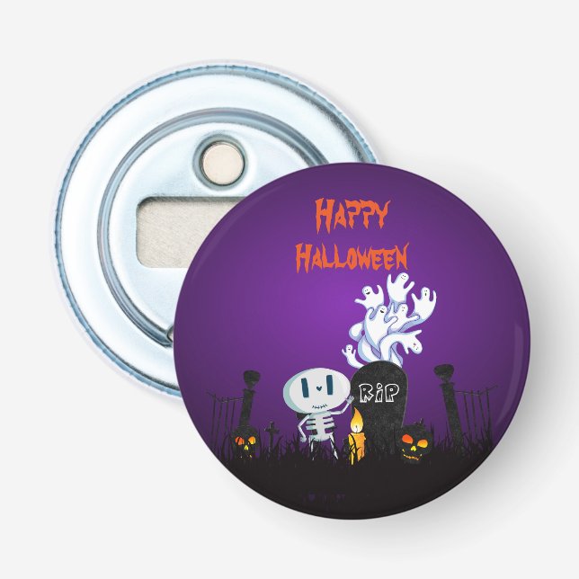 Happy Halloween Graveyard Spooky Skeleton & Ghosts Bottle Opener (Front)