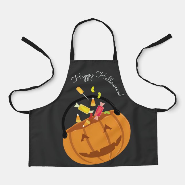 Happy Halloween Gray Orange Pumpkin Pail Candy Apron (Front)