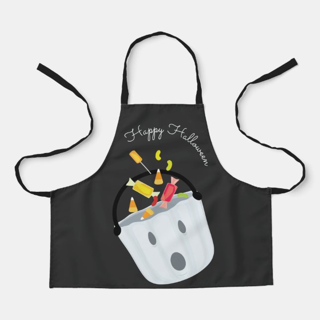 Happy Halloween Gray White Ghost Pail Candy Apron (Front)