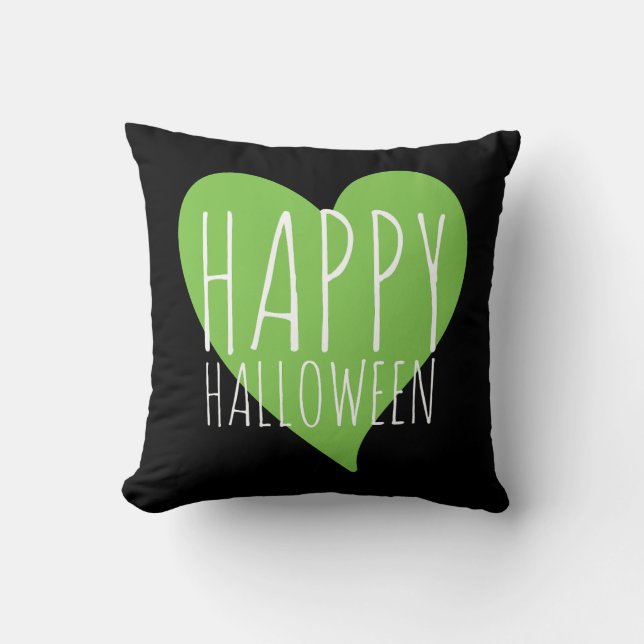 Happy Halloween / Green Heart Black & Grey Stripes Throw Pillow (Front)