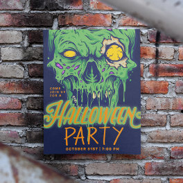 Happy Halloween Green Slimy Zombie Skull Invitation