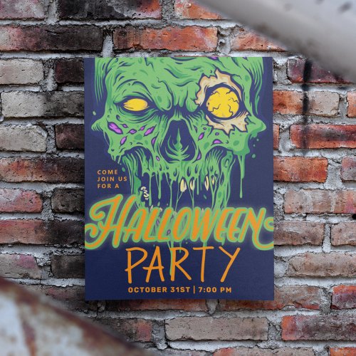Happy Halloween   Green Slimy Zombie Skull Invitation