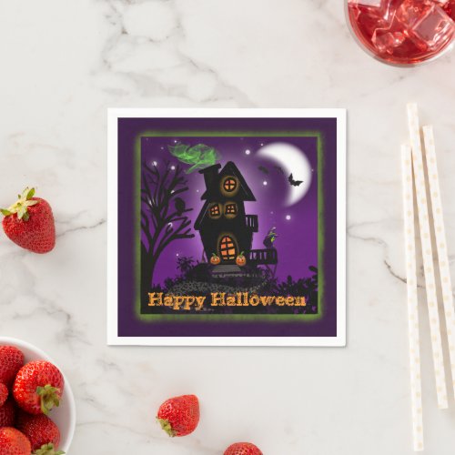 Happy Halloween Green Witch Haunted House  Napkins