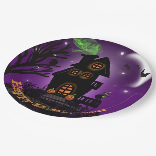 Happy Halloween Green Witch Haunted House  Paper Plates
