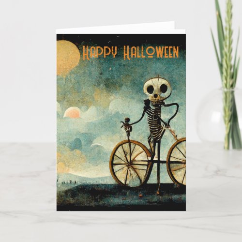 Happy Halloween Greeting Card Skeleton Bicycle