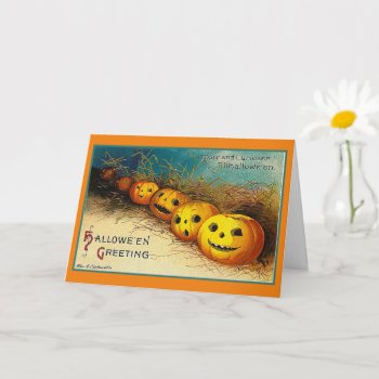 Happy Halloween Greetings Pumpkins In A Row Card by ForEverProud at Zazzle