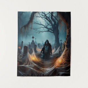 Happy Halloween Grim Reaper In a Graveyard Tapestry