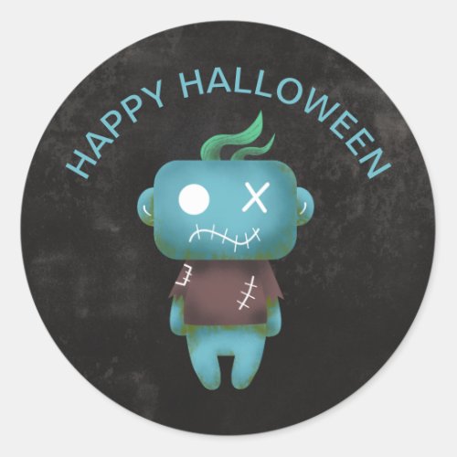 Happy Halloween Grunge Blue Cartoon Zombie Classic Round Sticker