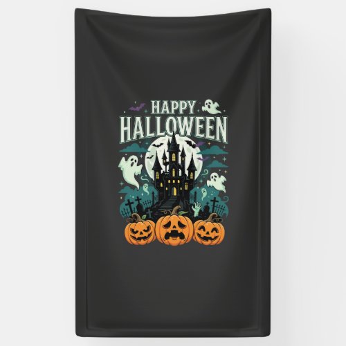 Happy Halloween Haunted Castle Ghosts and Pumpkins Banner
