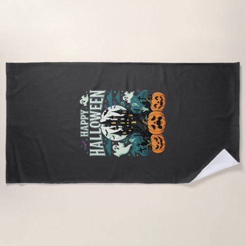 Happy Halloween Haunted Castle Ghosts and Pumpkins Beach Towel