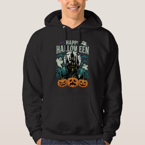 Happy Halloween Haunted Castle Ghosts and Pumpkins Hoodie