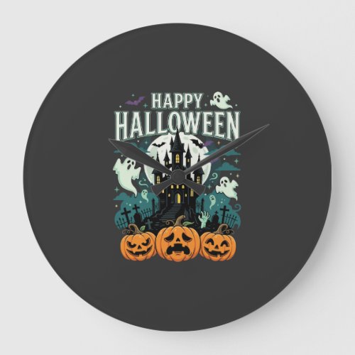 Happy Halloween Haunted Castle Ghosts and Pumpkins Large Clock