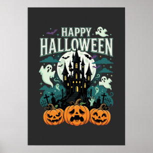 Happy Halloween Haunted Castle Ghosts and Pumpkins Poster