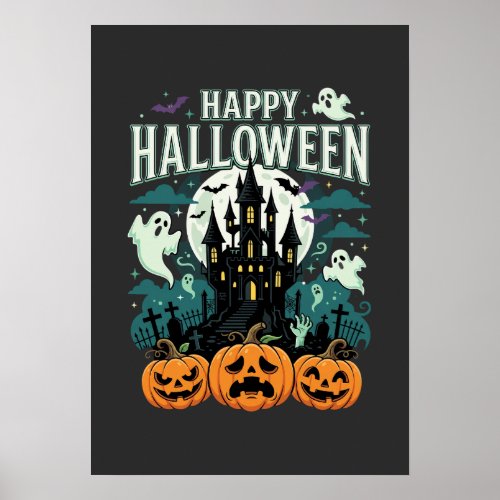 Happy Halloween Haunted Castle Ghosts and Pumpkins Poster