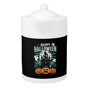 Happy Halloween Haunted Castle Ghosts and Pumpkins Teapot