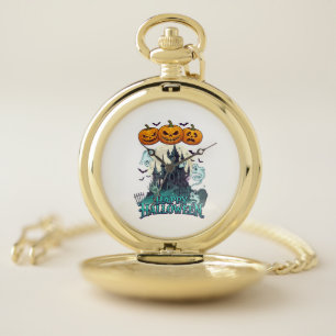 Happy Halloween Haunted Castle Pumpkins Ghosts_1 Pocket Watch