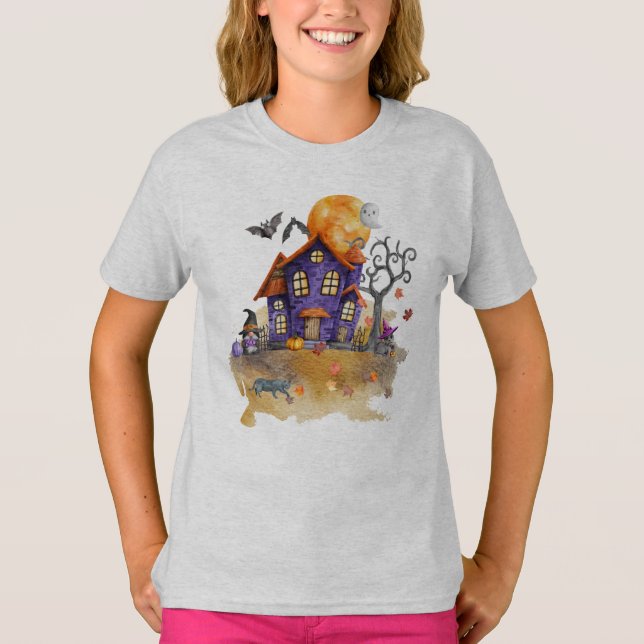 Happy Halloween Haunted Gnome House Scene T-Shirt (Front)