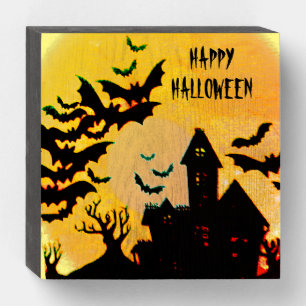 Happy Halloween Haunted House art Wooden Box Sign