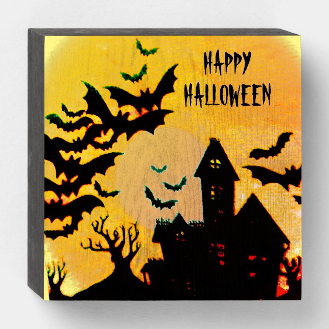 Happy Halloween Haunted House art Wooden Box Sign (Front Horizontal)
