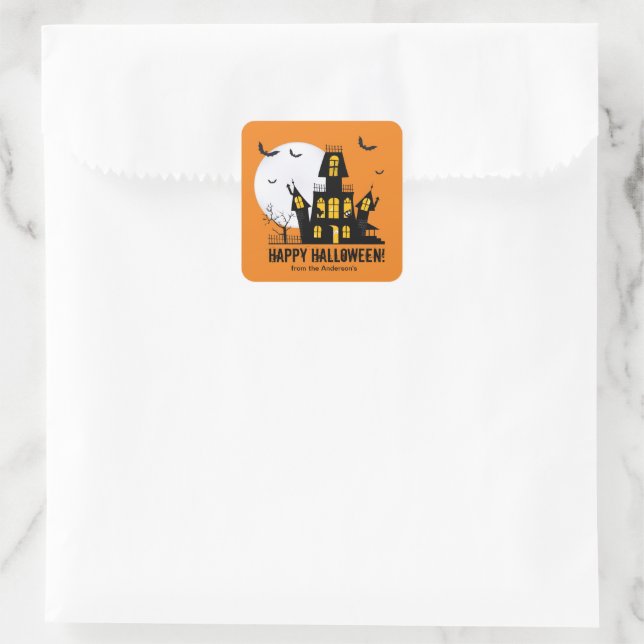 Happy Halloween Haunted House Bat Illustration Square Sticker (Bag)