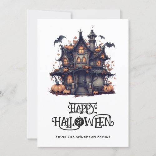 Happy Halloween Haunted House Bats Pumpkins Card