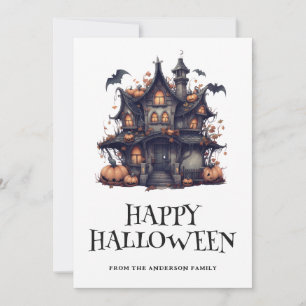 Happy Halloween Haunted House Bats Pumpkins Card