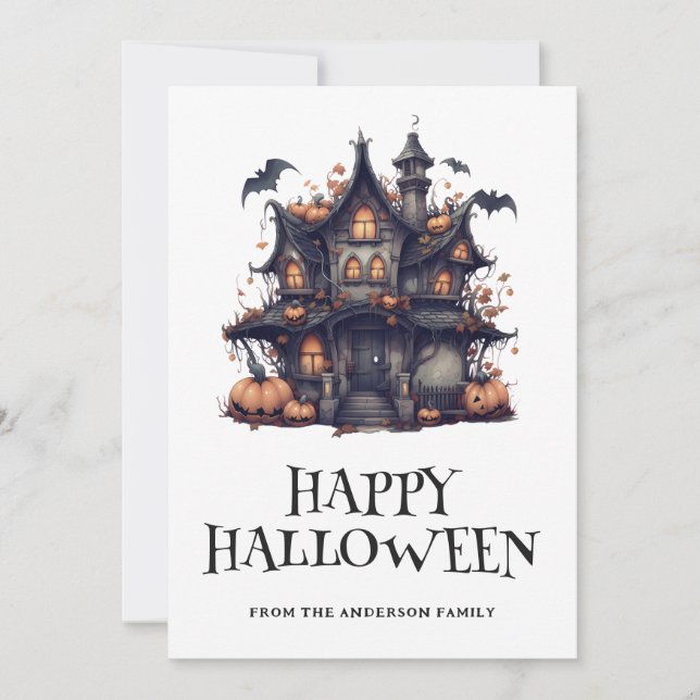 Happy Halloween Haunted House Bats Pumpkins Card (Front)