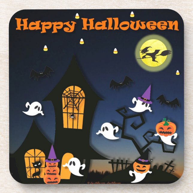 Happy Halloween Haunted House Drink Coaster (Front)