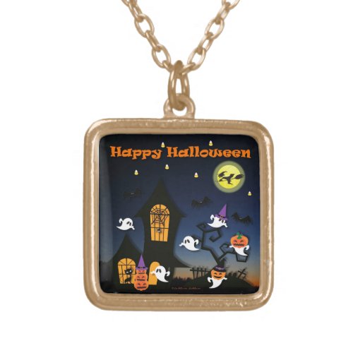 Happy Halloween Haunted House Gold Plated Necklace