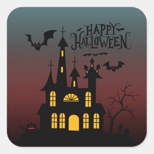 Happy Halloween Haunted House Gradient Square Sticker