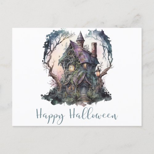 Happy Halloween Haunted House Green Halloween Holiday Postcard